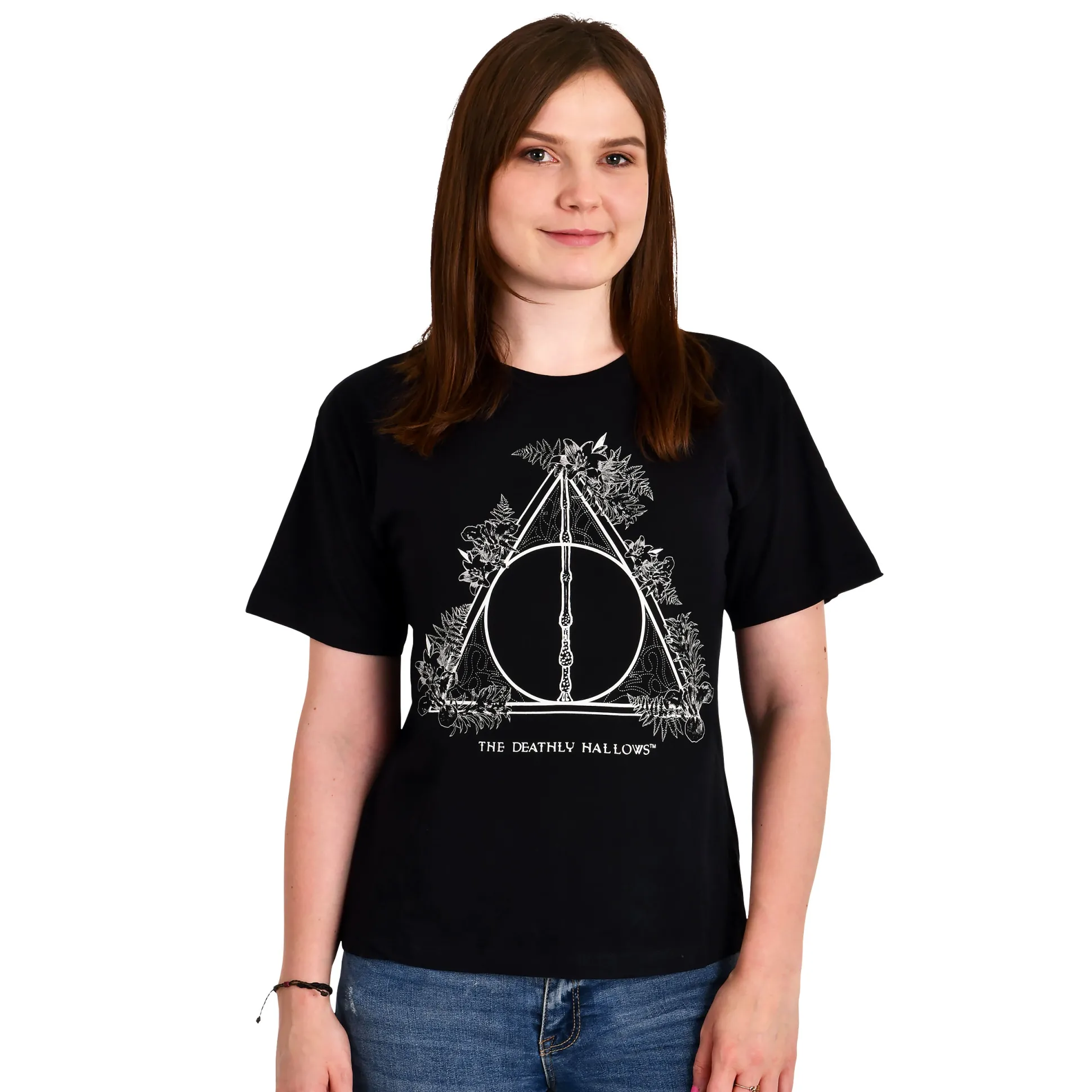 Harry Potter - Floral Deathly Hallows Dames T-shirt Zwart