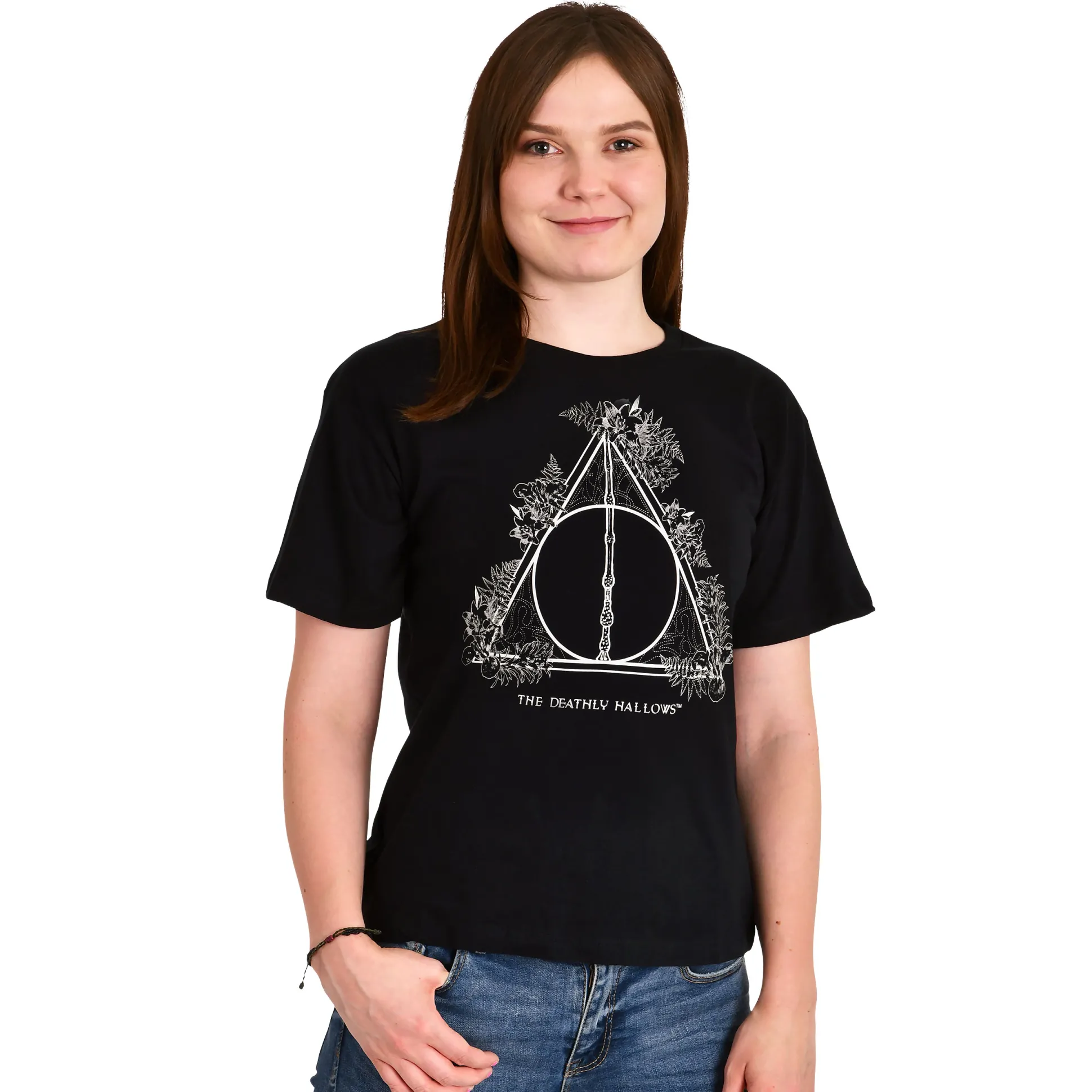 Harry Potter - Floral Deathly Hallows Dames T-shirt Zwart