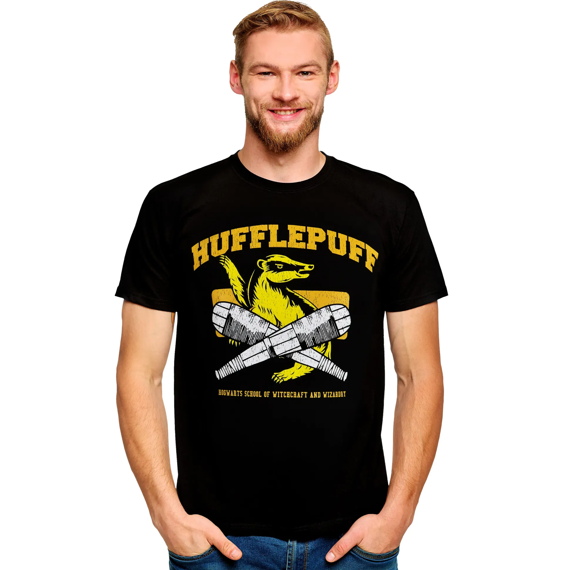 Hufflepuff Quidditch College T-Shirt Zwart - Harry Potter