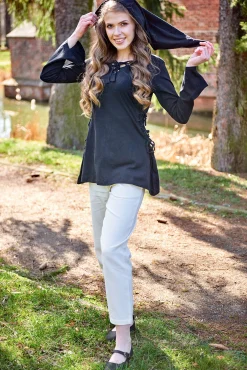 Middeleeuwse Blouse Lea met Capuchon Zwart