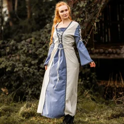 Middeleeuwse jurk met vetersluiting blauw-naturel