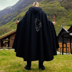 Middeleeuwse mantel Alpha met wolvenborduursel zwart