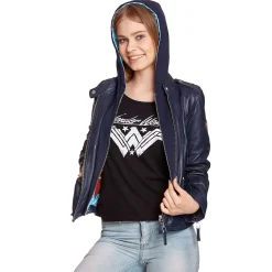 Wonder Woman - Logo Leren Jas met Capuchon Blauw